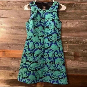 J Crew Dress Vineyard Jaquard A Line Blue Green Size 0 G1061